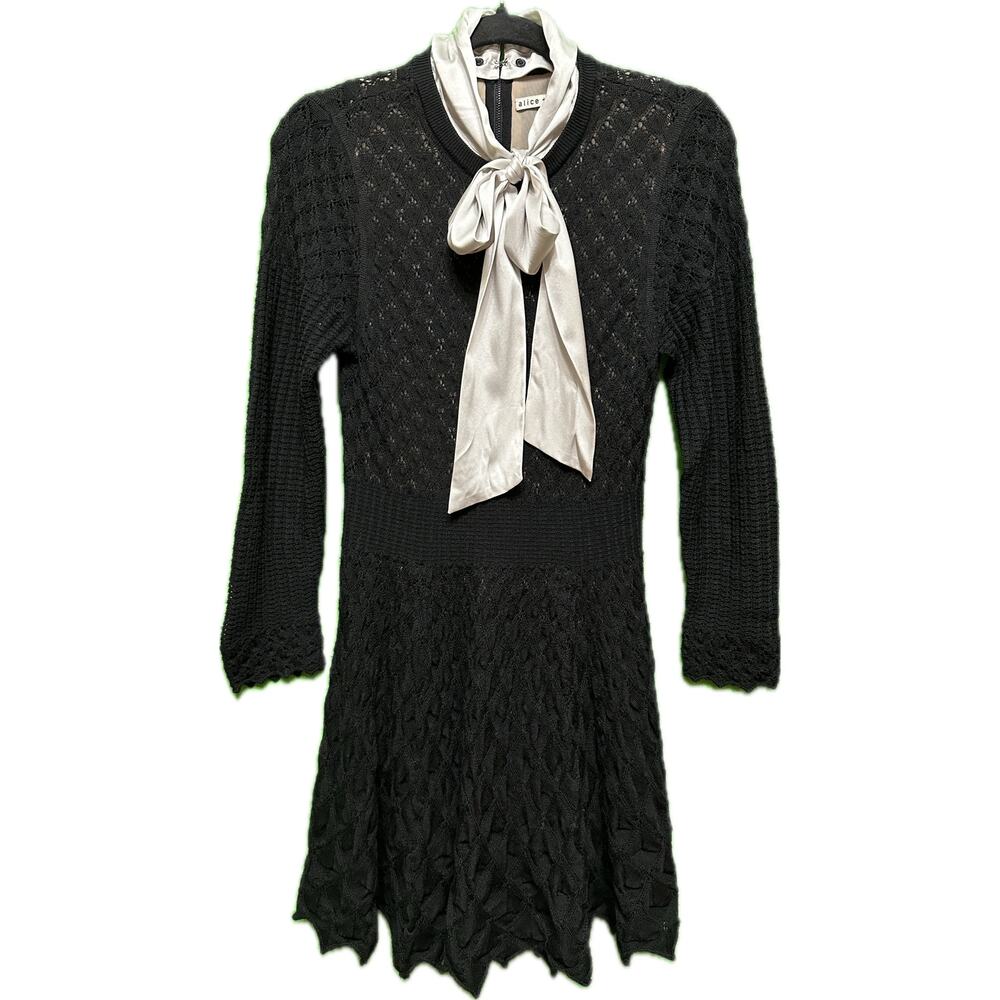 ALICE + OLIVIA Gin Pointelle Lace Wool Blend Mini Black Dress Size medium - Picture 3 of 16